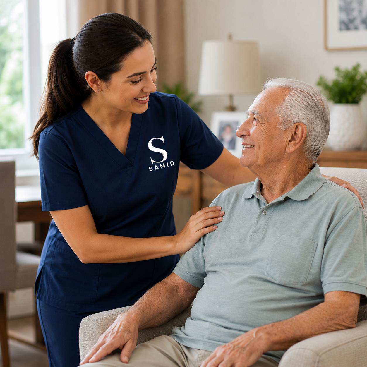 Cuidadora Samid Homecare acolhendo paciente idoso