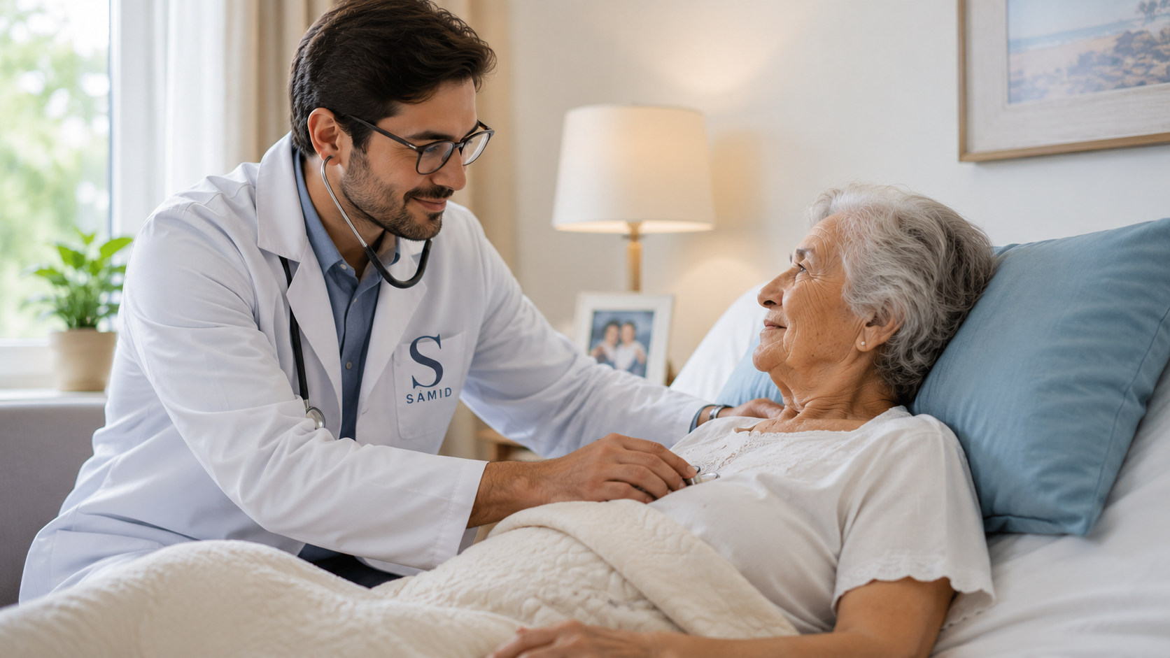 Médico Samid Homecare atendendo paciente idosa em ambiente domiciliar